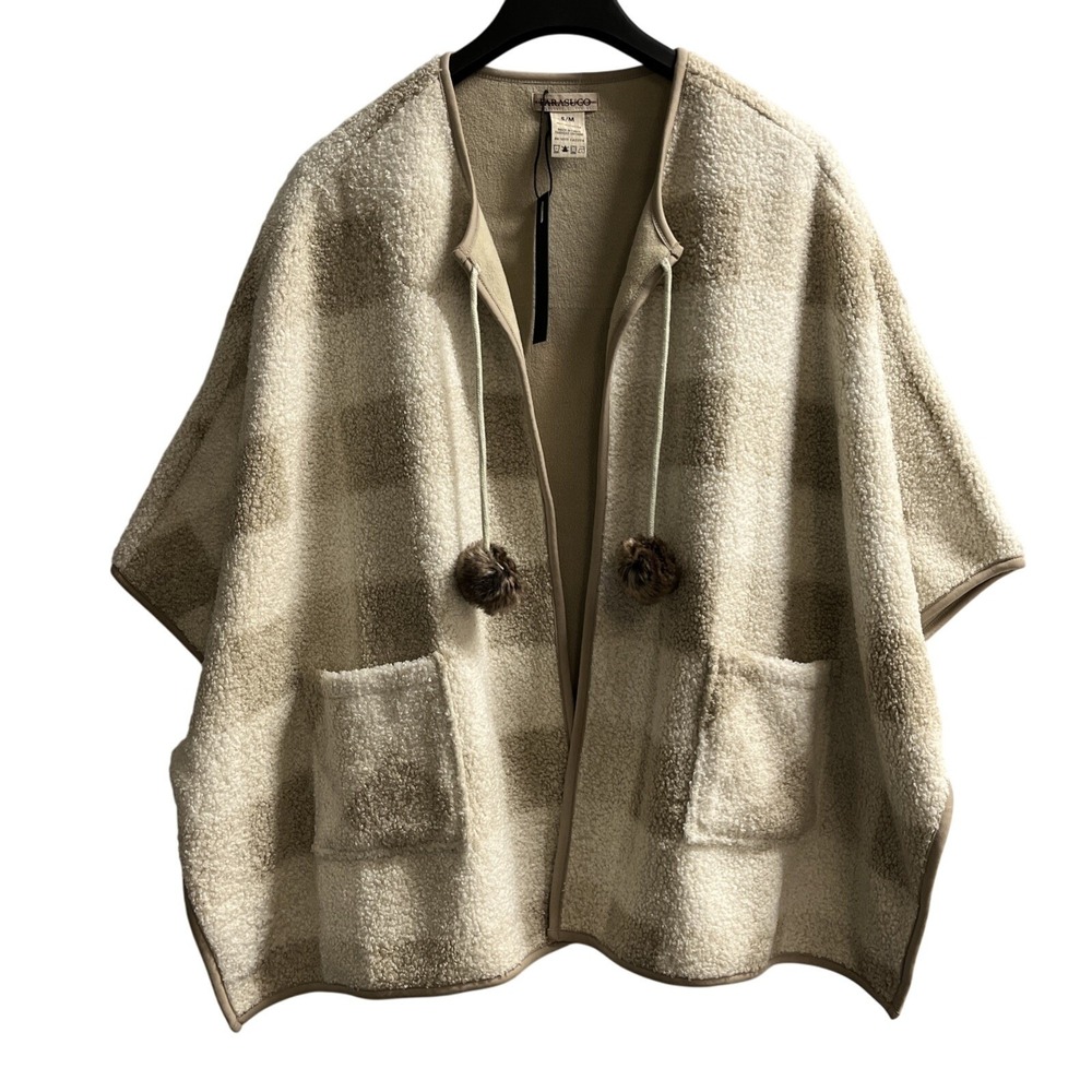 Parasuco Poncho‎ Womens S/M Brown Sherpa Plaid Open Front Fleece Lined Pom Pom